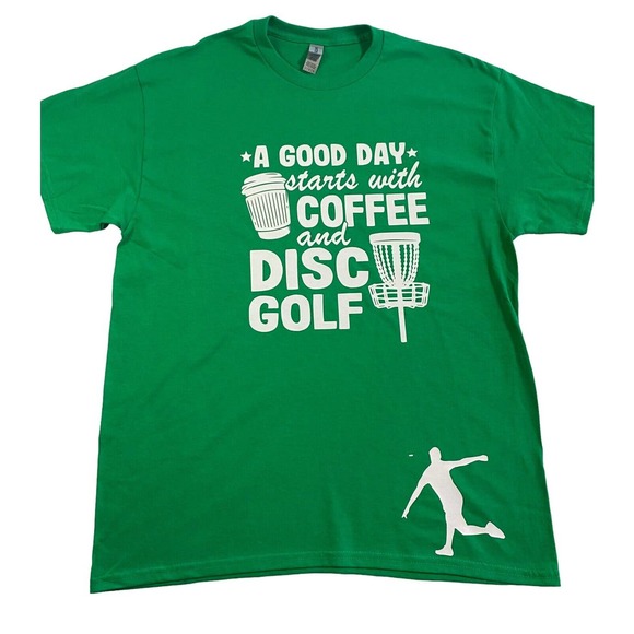 Disc Golf And Coffee DISC GOLFER Good Day L Graphic T-Shirt Gildan GREEN - Picture 1 of 5